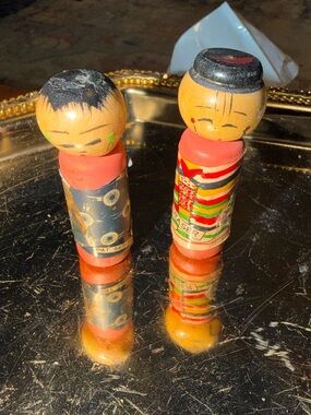 Vintage Wooden Kokeshi-Style Doll Pair - Red, Black, Natural Wood